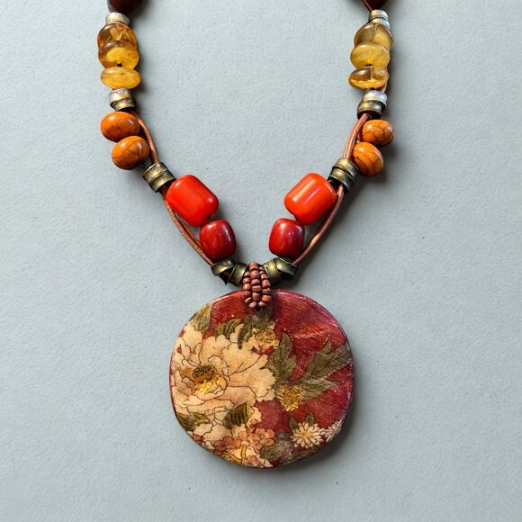 Chico’s Large Acrylic & Fabric Pendant Beaded Chunky Necklace Red Orange - Picture 1 of 6